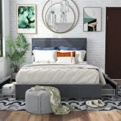 Coupon ✨ Queen Furniture Of America Metrolia 4-Drawer Upholstered Platform Bed - Full - Gray 😀 -Beds Shop detail2ENLB5657