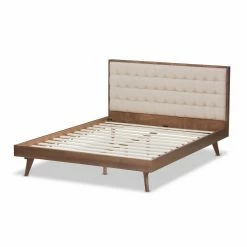 Best Sale 👍 King Baxton Studio Soloman Mid-Century Modern Fabric And Walnut Brown Finished Wood Platform Bed 🎁 -Beds Shop detail2WSI3681