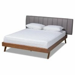 New ✨ King Baxton Studio Brita Walnut Wood Bed With Upholstered Headboard 😍 -Beds Shop detail2WSI4608