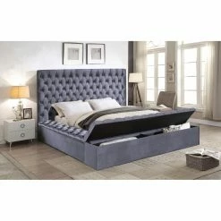 Promo 🛒 King Meridian Furniture Inc Bliss Velvet Platform Storage Bed 🎉 -Beds Shop detail3MERI459