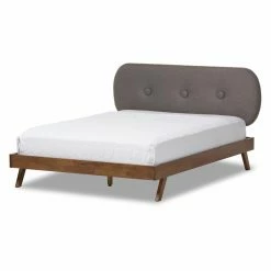 Deals ⭐ King Baxton Studio Penelope Mid-Century Modern Solid Walnut Fabric Upholstered Platform Bed 🧨 -Beds Shop detailWSI3240