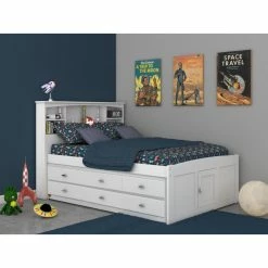 Best deal 🥰 Full/Double OS Home And Office Furniture Solid Pine Full Sized Captains Bookcase Bed With 6 Spacious Under Bed Drawers In Casual White 🛒 -Beds Shop inuseOLP328