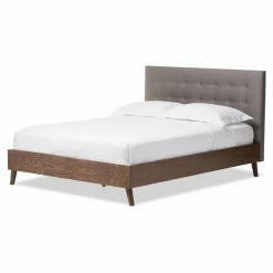 Budget 🔔 Baxton Studio Alinia Gray Fabric Upholstered Walnut Queen Size Platform Bed 👍 -Beds Shop inuseWSI3522