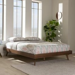 Discount ⭐ King HN Home Scott Mid-Century Modern Walnut Brown Finished Solid Wood Platform Bed Frame 🎁 -Beds Shop inuseWSI3680