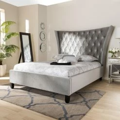 Outlet ✔️ King Baxton Studio Viola Velvet Upholstered And Tufted Platform Bed With Wingback Headboard 🧨 -Beds Shop inuseWSI4593