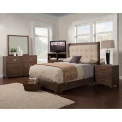 Coupon 🧨 Queen Alpine Furniture Savannah Upholstered Panel Bed - Pecan ❤️
