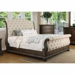 Best Sale 👍 Queen Furniture Of America Cleon III Traditional Tufted Fabric Sleigh Bed 🛒