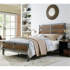 Deals 🛒 Walker Edison Queen Size Metal And Wood Plank Bed - Brown 🥰
