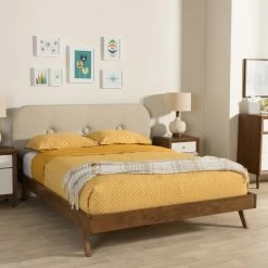 Deals ⭐ King Baxton Studio Penelope Mid-Century Modern Solid Walnut Fabric Upholstered Platform Bed 🧨
