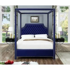 Brand new 🌟 King Meridian Furniture Inc Rowan Tufted Canopy Bed With Nailhead Trim ⌛ -Beds Shop scaleMERI598